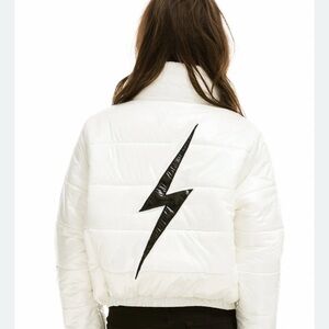 Aviator Nation White Puffer with Black Lightning